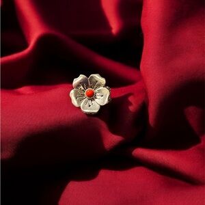 Silver Flower Ring with Red Center